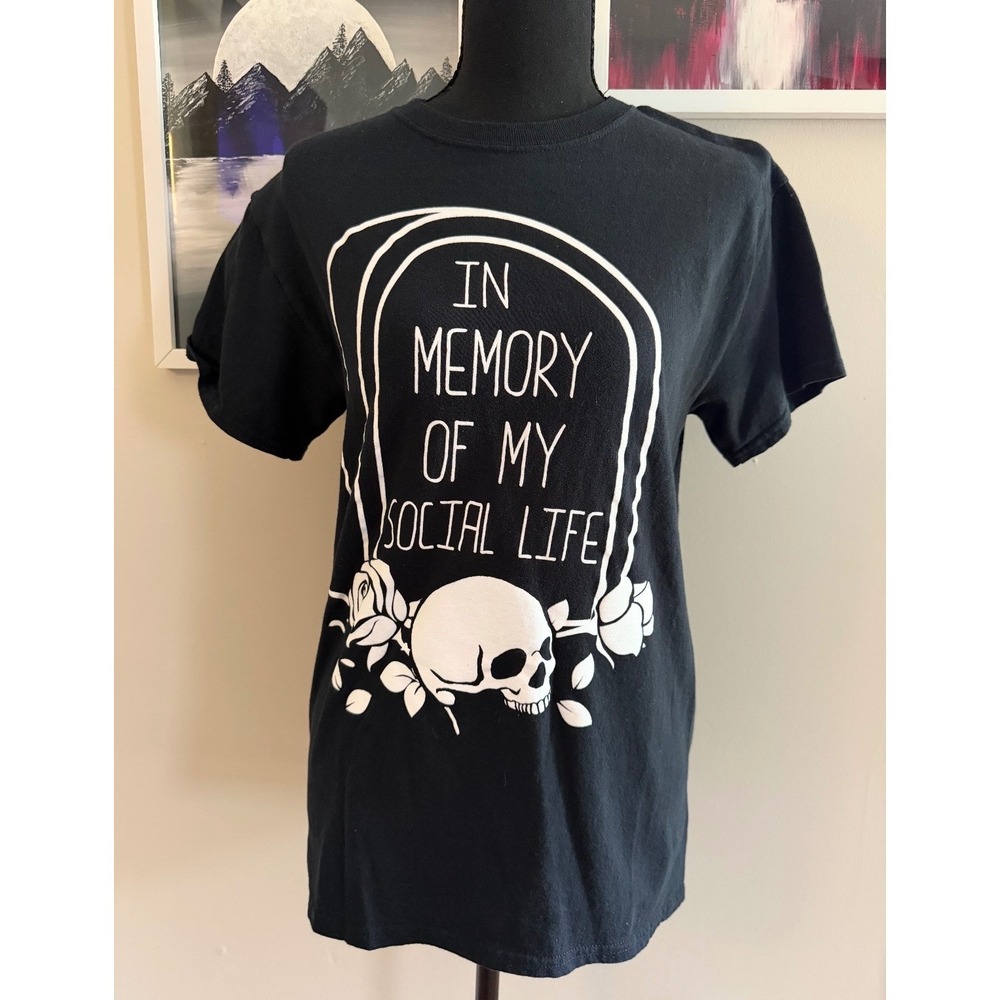 Spencers In Memory Of My Social Life Skull Graphic Tee Black Small Gothic Emo